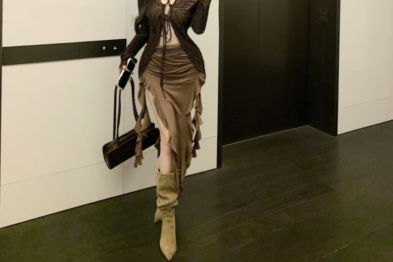 Ruffle Sleeve Trim Dress Butterfly V-Neck / Strapless Print Tie Long Front Top Bodycon Midi Plain