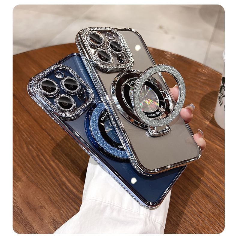 MagSafe) (Compatible Magnetic Phone Transparent Case Stand with Rhinestone