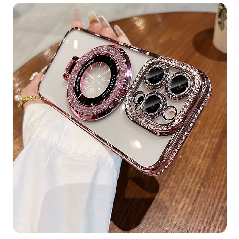 MagSafe) (Compatible Magnetic Phone Transparent Case Stand with Rhinestone