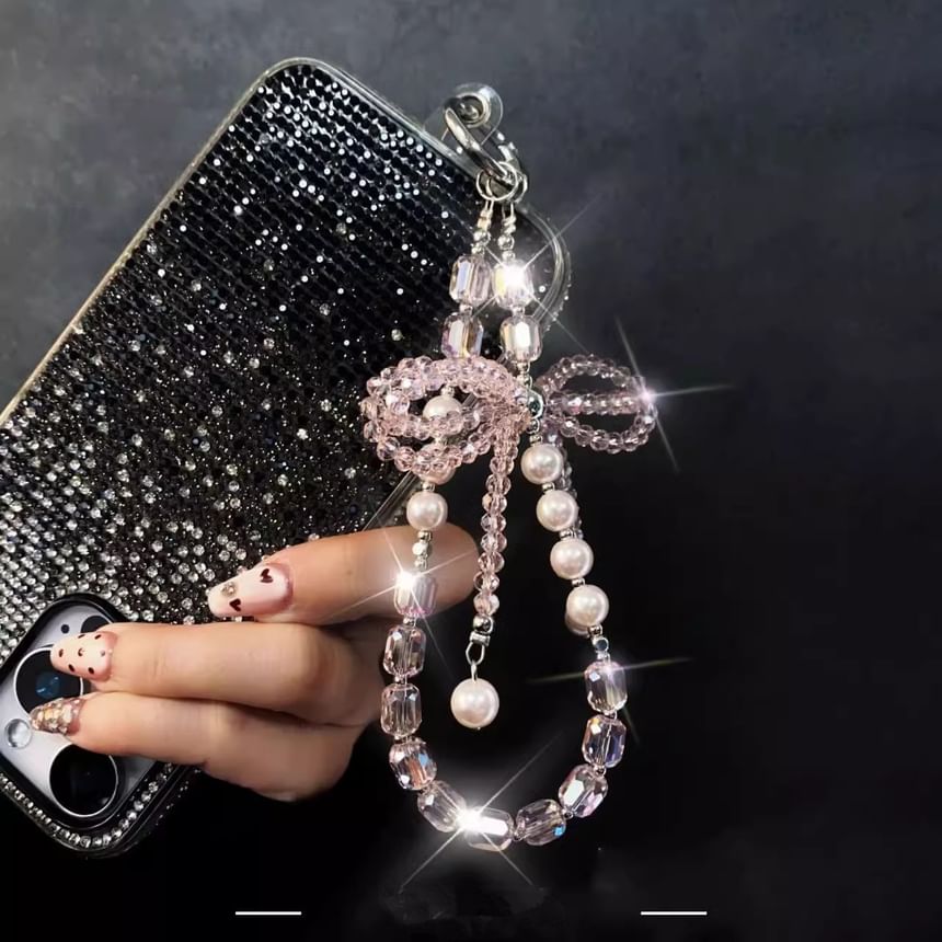 Phone Lanyard with Pad Faux Pearl Crystal Strap Bow