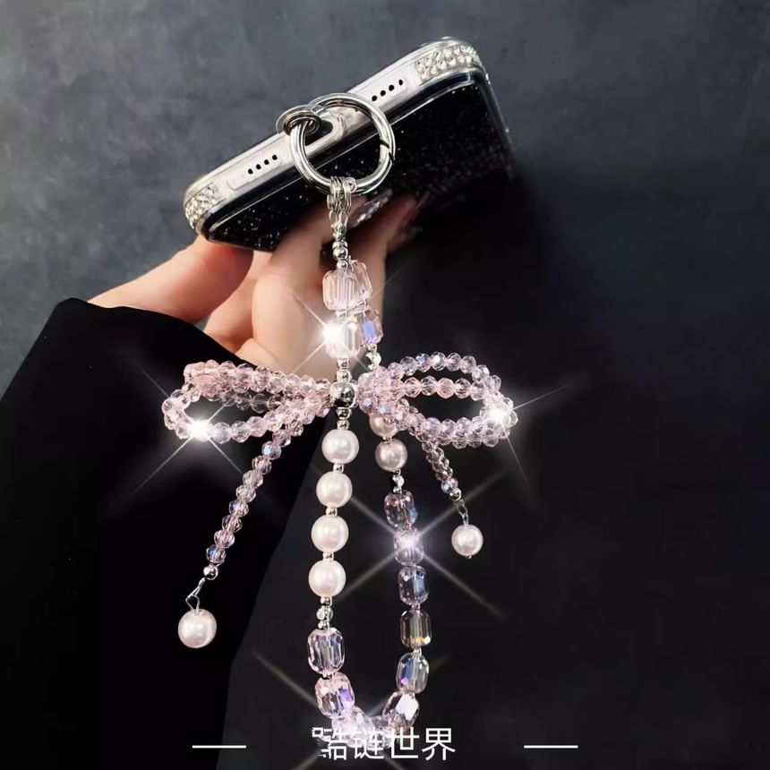 Phone Lanyard with Pad Faux Pearl Crystal Strap Bow