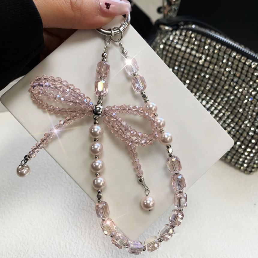 Phone Lanyard with Pad Faux Pearl Crystal Strap Bow