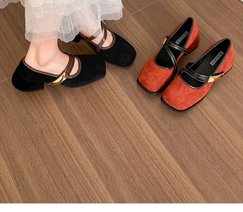 Trim Jane Toe Contrast Square Mary Pumps Heel Chunky