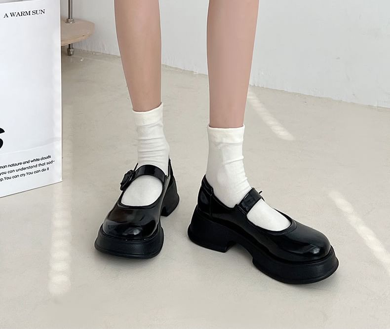 Leather Faux Shoes Jane Plain Platform Mary Buckled