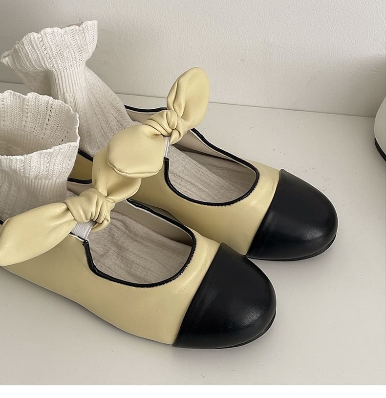 Bow Accent Faux Toe Flats Mary Cap Jane Leather