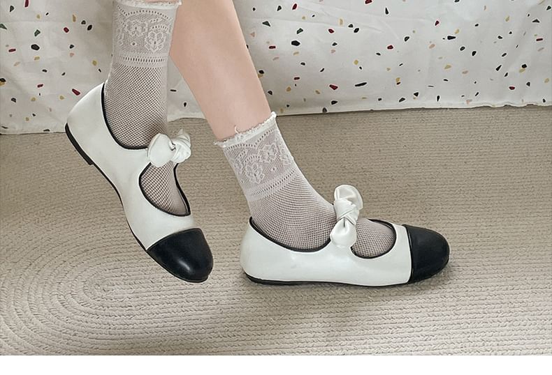 Bow Accent Faux Toe Flats Mary Cap Jane Leather