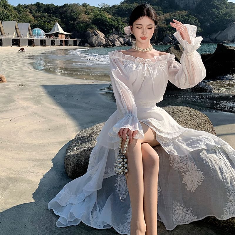 High Long-Sleeve Plain Ruffle Low Maxi Off-The-Shoulder A-Line Dress