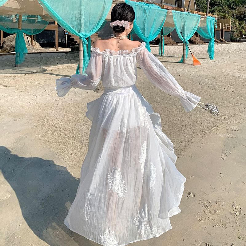 High Long-Sleeve Plain Ruffle Low Maxi Off-The-Shoulder A-Line Dress