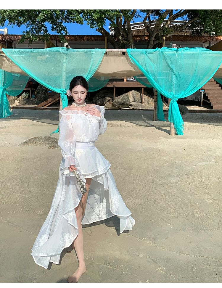 High Long-Sleeve Plain Ruffle Low Maxi Off-The-Shoulder A-Line Dress