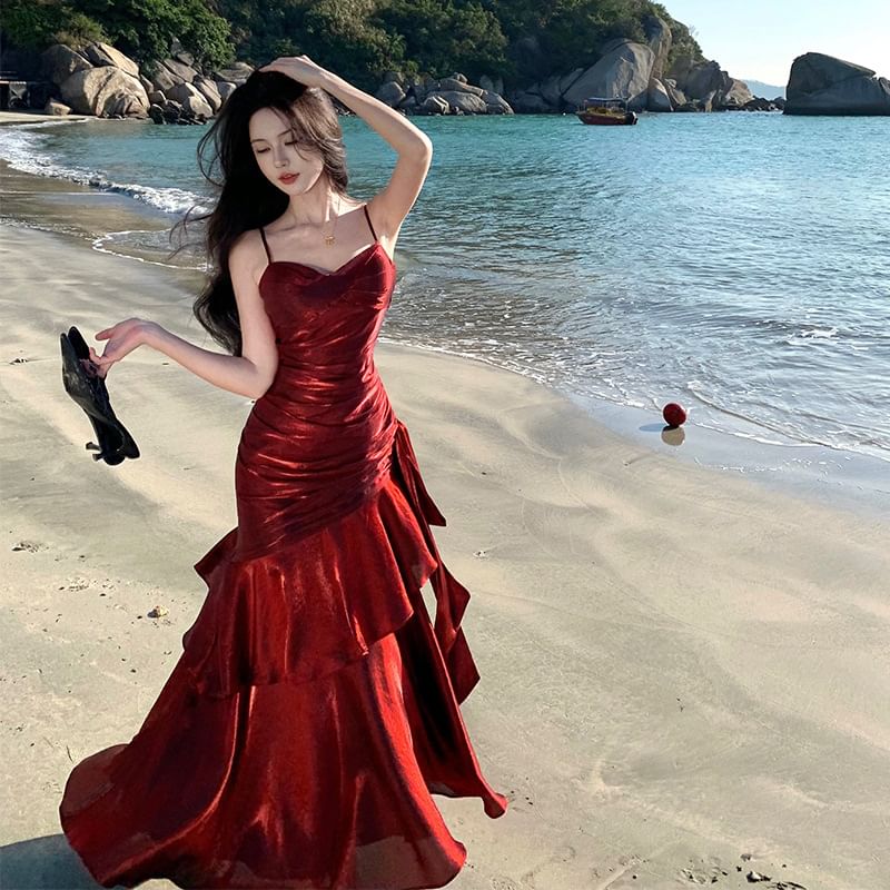 Gown A-Line Spaghetti Glitter Plain Strap Evening