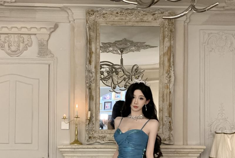 Gown A-Line Spaghetti Glitter Plain Strap Evening