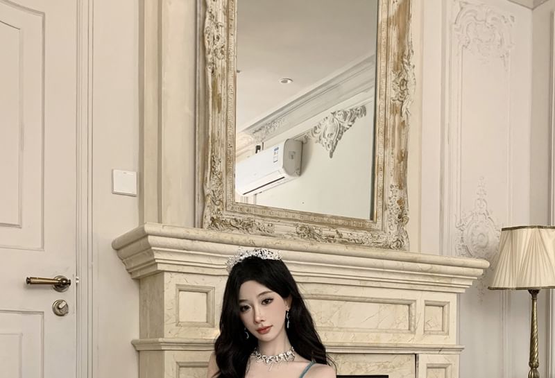 Gown A-Line Spaghetti Glitter Plain Strap Evening