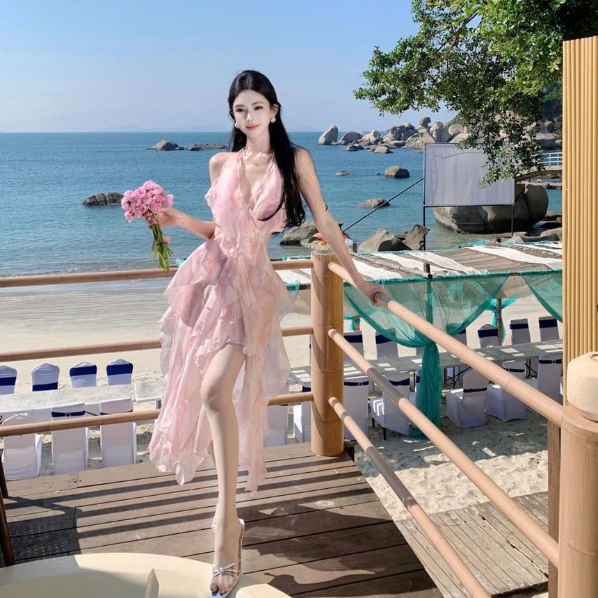 Floral Set: Skirt Top + Halter Midi A-Line Waist V-Neck High Crop