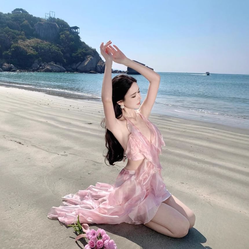 Floral Set: Skirt Top + Halter Midi A-Line Waist V-Neck High Crop