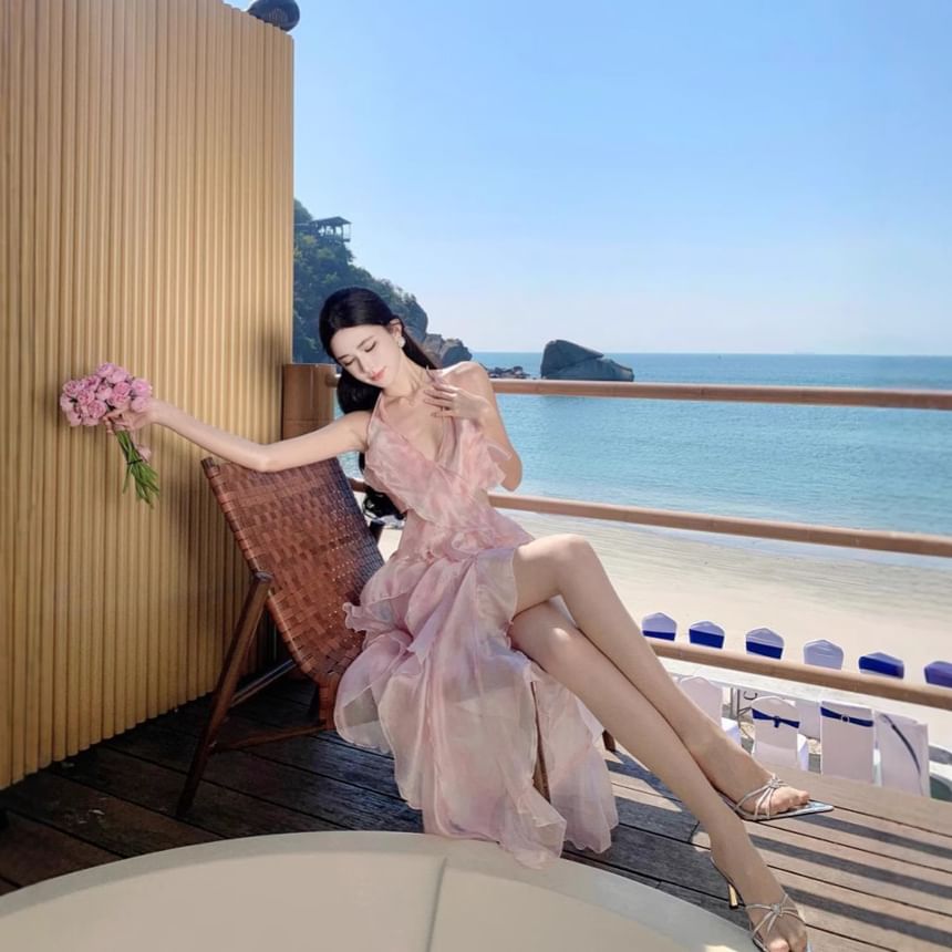 Floral Set: Skirt Top + Halter Midi A-Line Waist V-Neck High Crop