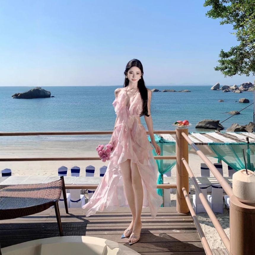 Floral Set: Skirt Top + Halter Midi A-Line Waist V-Neck High Crop