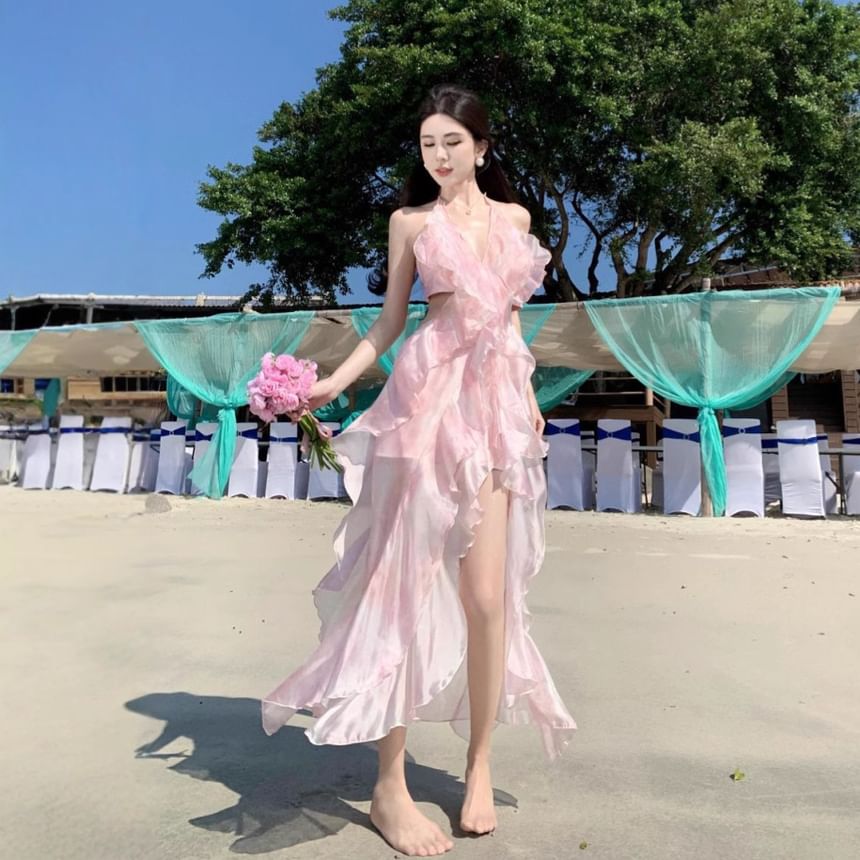 Floral Set: Skirt Top + Halter Midi A-Line Waist V-Neck High Crop