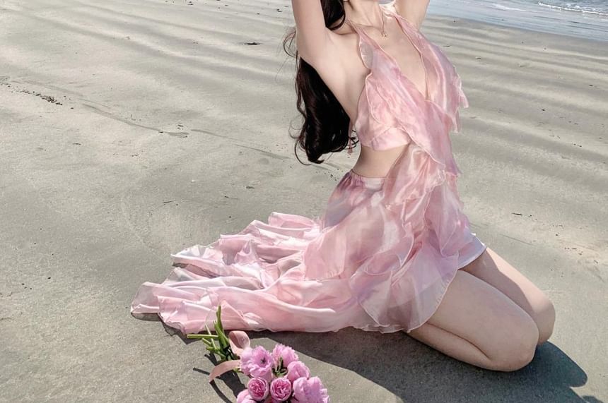 Floral Set: Skirt Top + Halter Midi A-Line Waist V-Neck High Crop