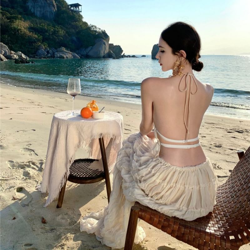 Set: Plain Crop Top Halter Rise Cami Maxi + A-Line Skirt High Neck