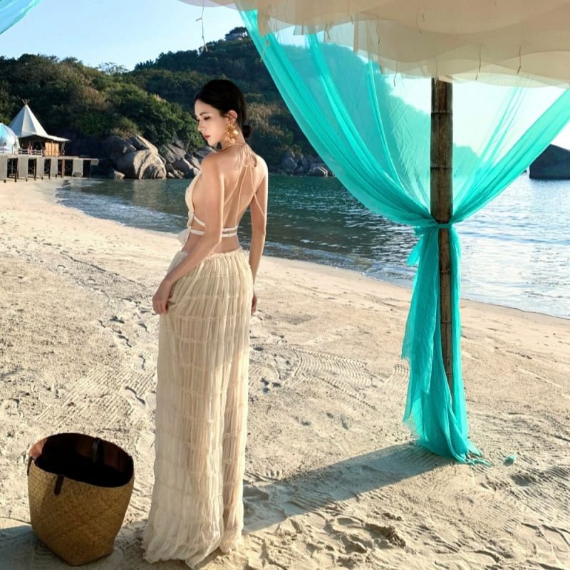 Set: Plain Crop Top Halter Rise Cami Maxi + A-Line Skirt High Neck