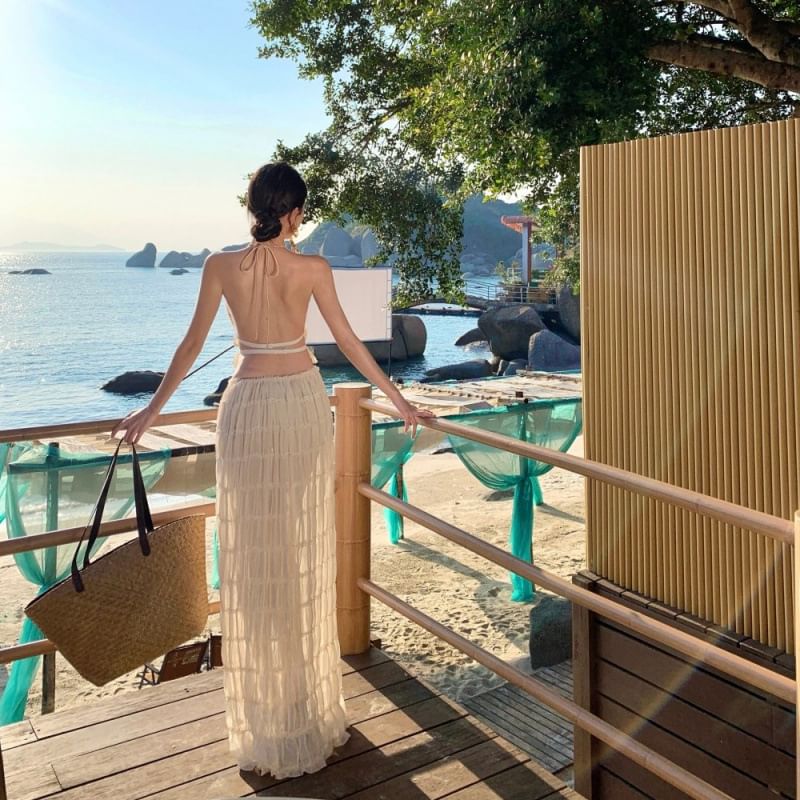 Set: Plain Crop Top Halter Rise Cami Maxi + A-Line Skirt High Neck