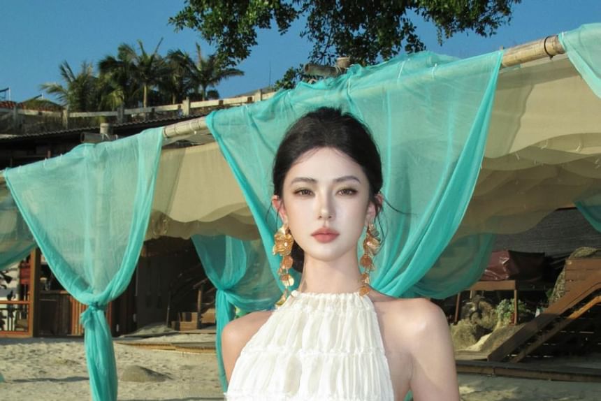 Set: Plain Crop Top Halter Rise Cami Maxi + A-Line Skirt High Neck