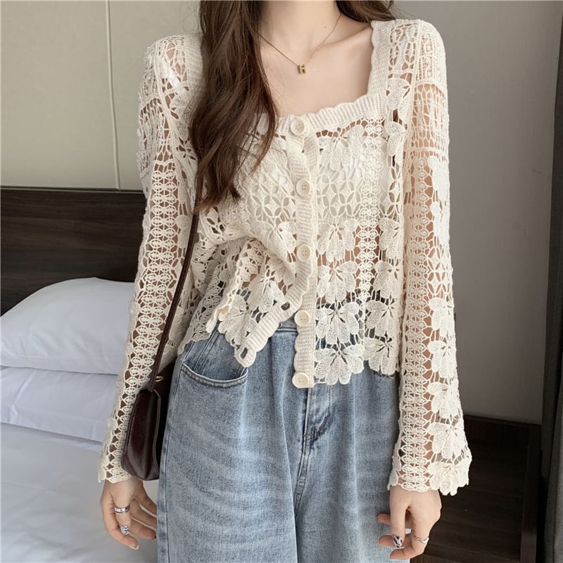 Cropped Neck Cardigan Crochet Square Floral