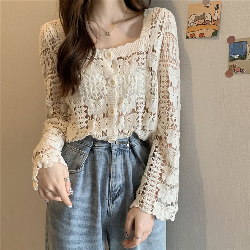 Cropped Neck Cardigan Crochet Square Floral