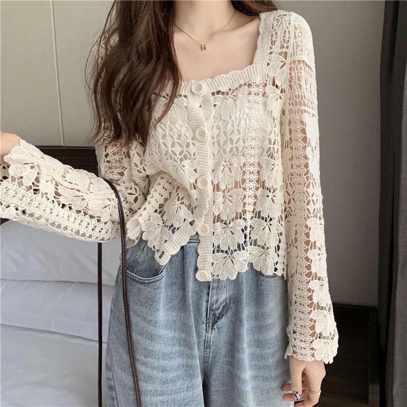 Cropped Neck Cardigan Crochet Square Floral