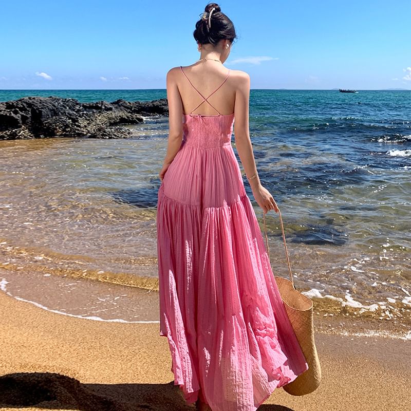 Textured Plain Strap Dress Spaghetti Maxi A-Line