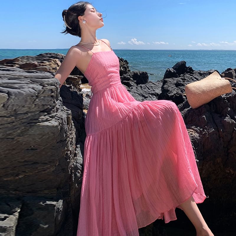 Textured Plain Strap Dress Spaghetti Maxi A-Line