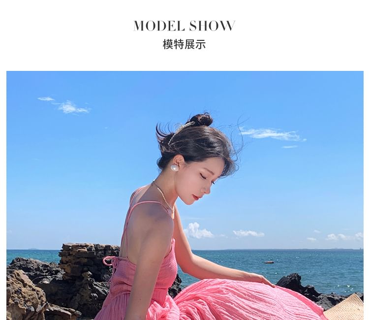 Textured Strap Maxi A-Line Dress Spaghetti Plain