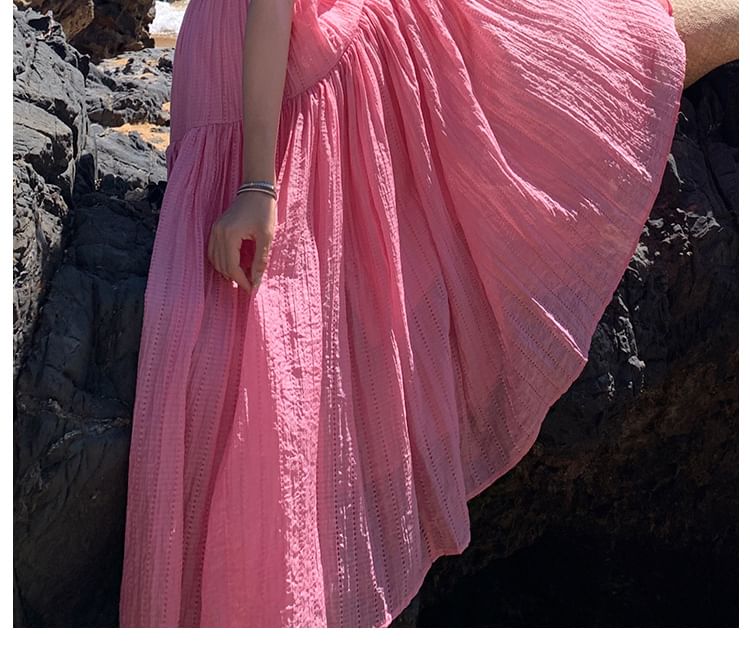 Textured Plain Strap Dress Spaghetti Maxi A-Line