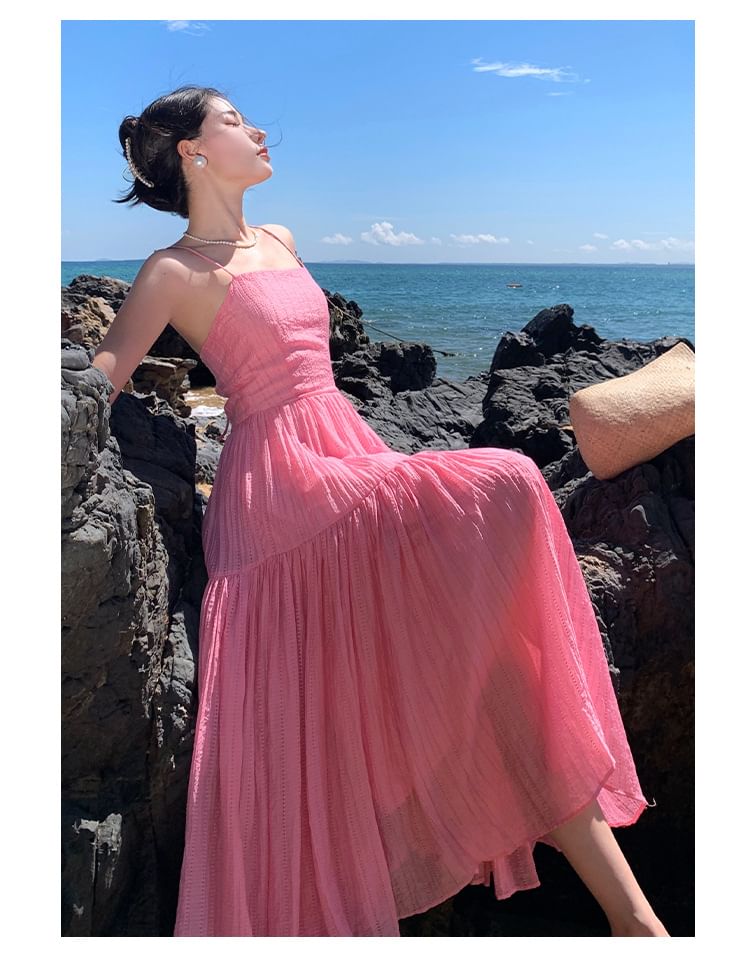 Textured Plain Strap Dress Spaghetti Maxi A-Line