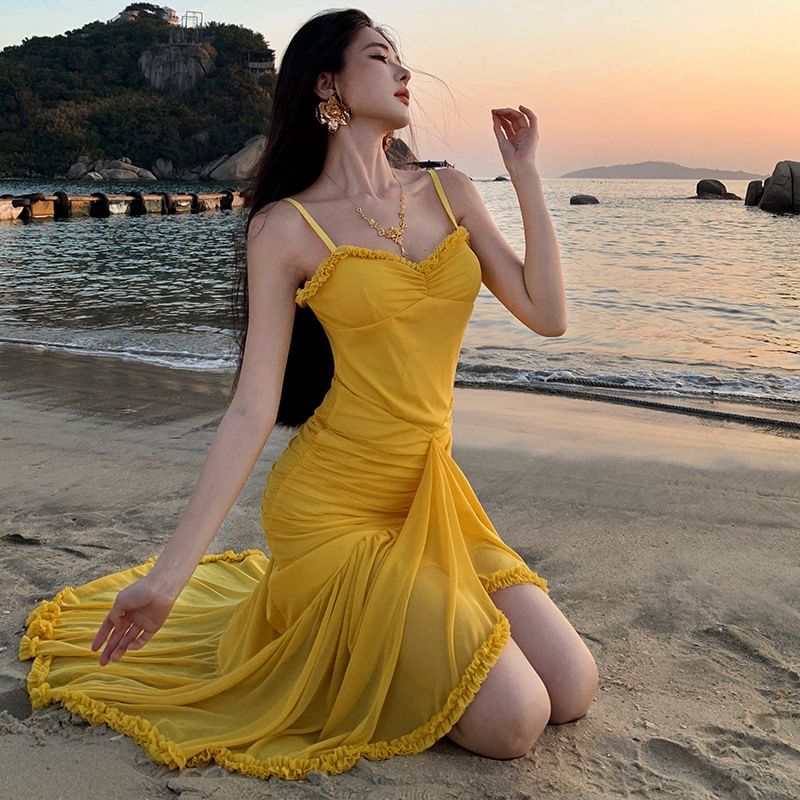 Spaghetti Dress V-Neck Strap Hem Maxi Bodycon Plain Ruffle