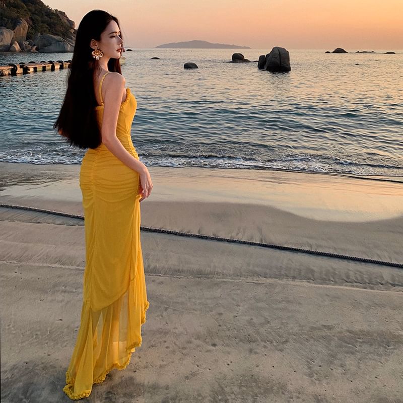 Spaghetti Hem Maxi Plain Bodycon Ruffle Strap V-Neck Dress