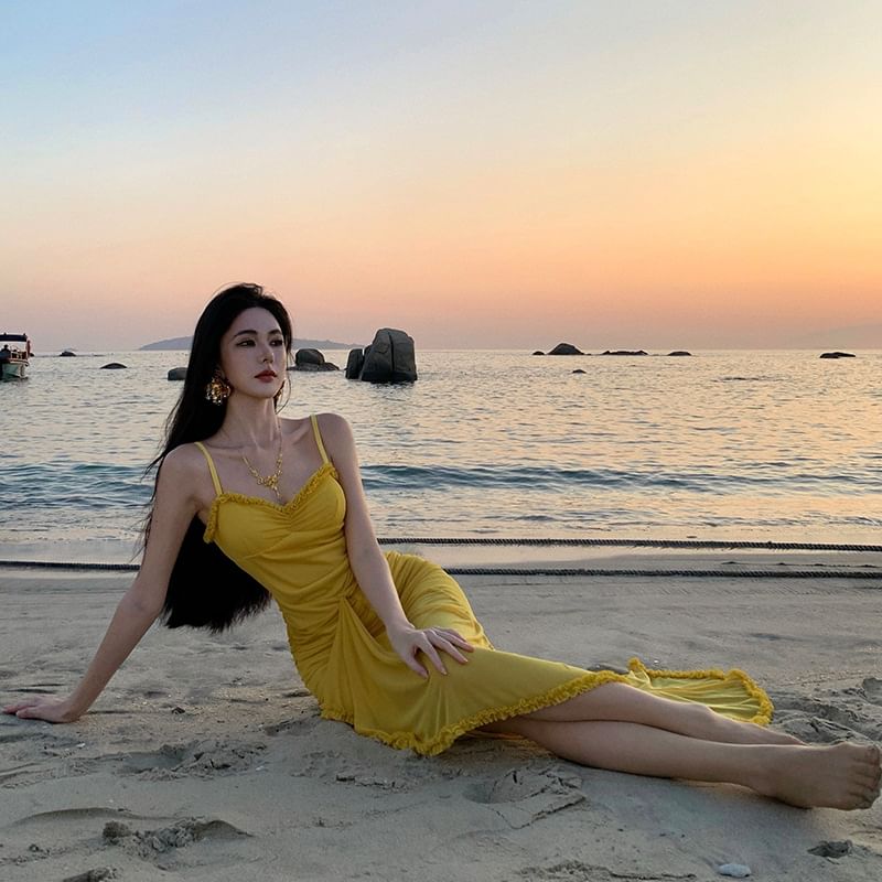 Spaghetti Dress V-Neck Strap Hem Maxi Bodycon Plain Ruffle