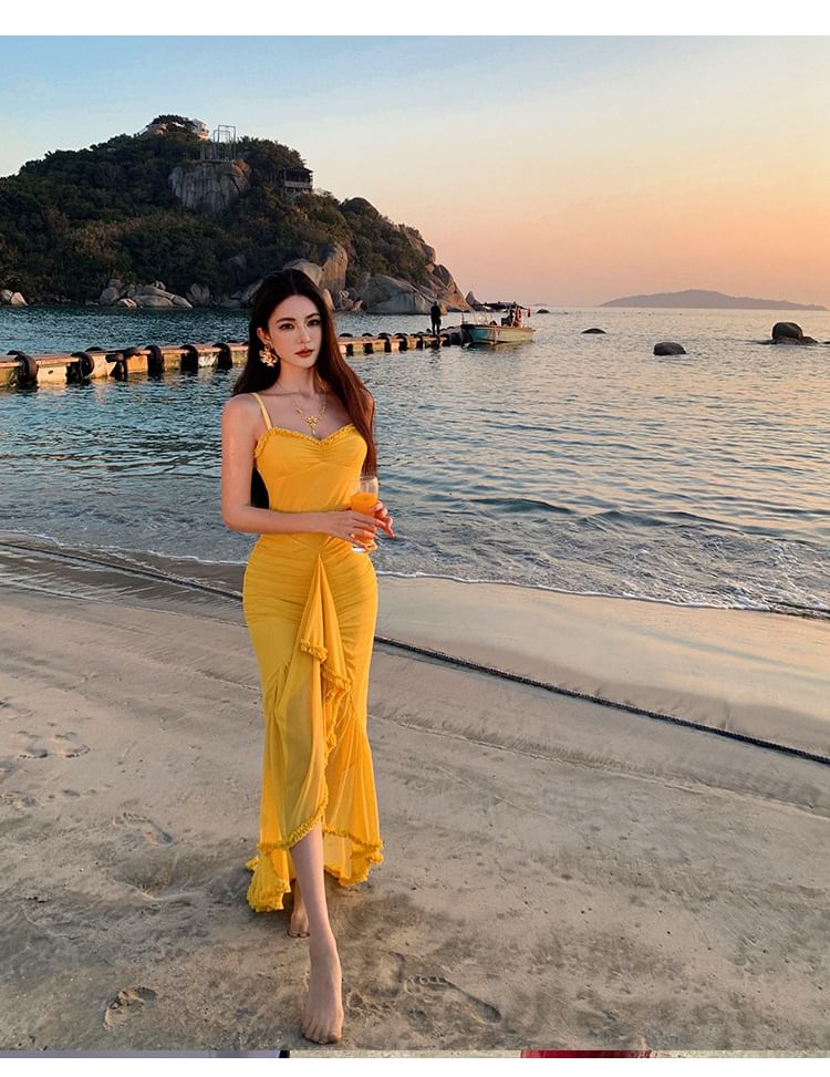 Spaghetti Hem Maxi Plain Bodycon Ruffle Strap V-Neck Dress