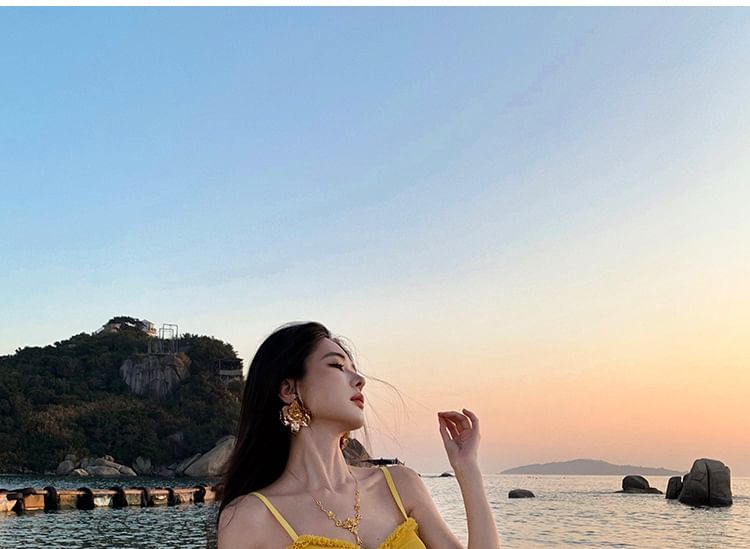 Spaghetti Dress V-Neck Strap Hem Maxi Bodycon Plain Ruffle