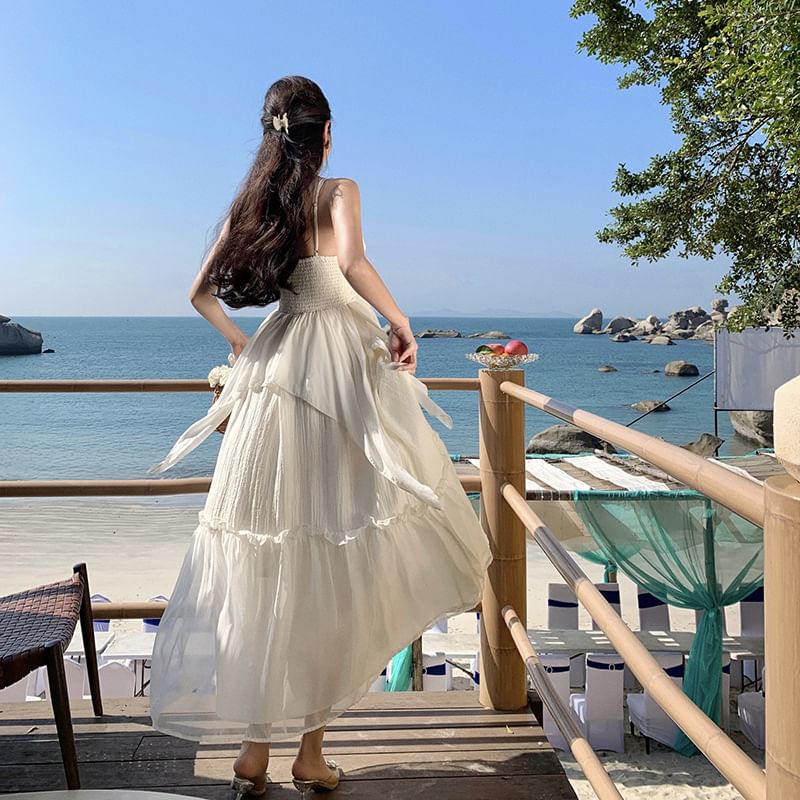 V-Neck Strap Maxi Trim Plain Dress Ruffle Spaghetti A-Line