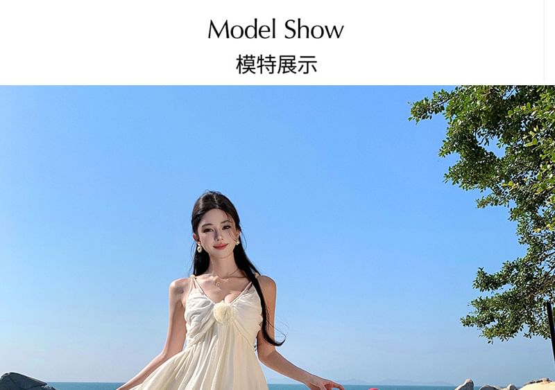 Plain V-Neck Ruffle Maxi Trim Spaghetti Dress Strap A-Line