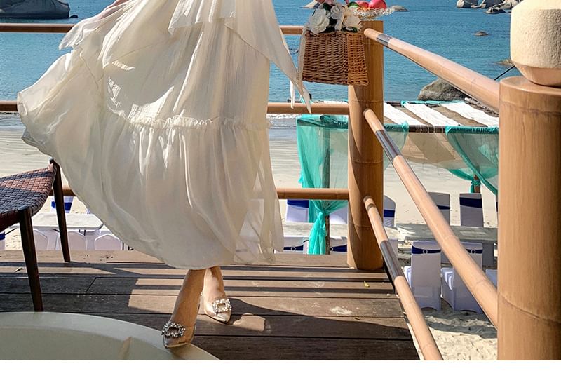 Plain V-Neck Ruffle Maxi Trim Spaghetti Dress Strap A-Line