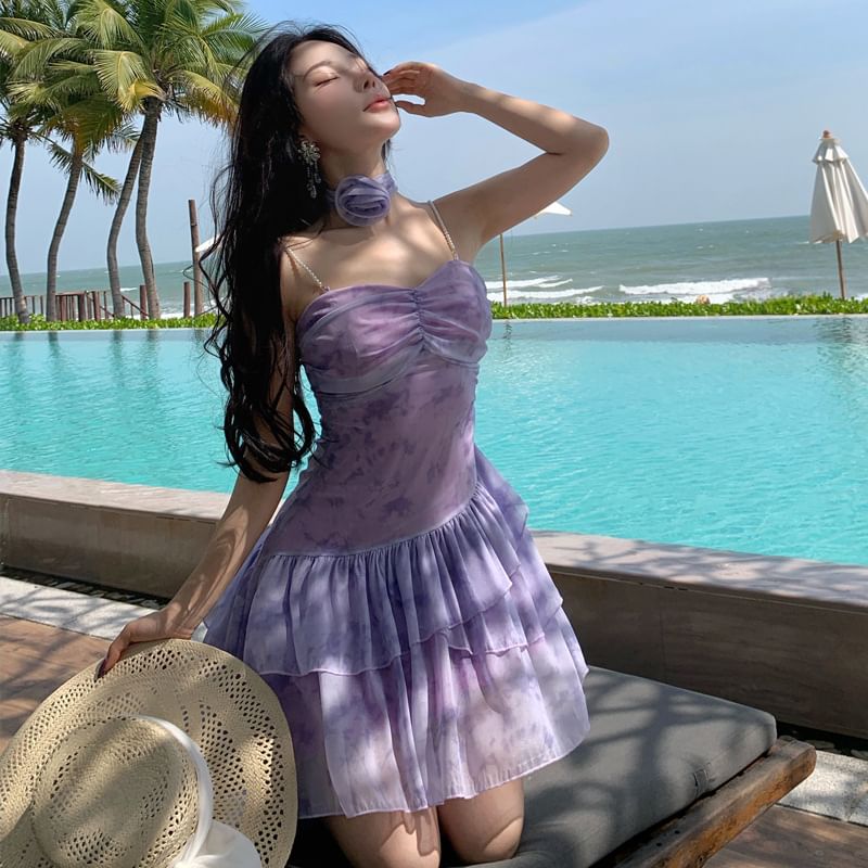 Mini Dress V-Neck Spaghetti Strap Tie-Dye A-Line