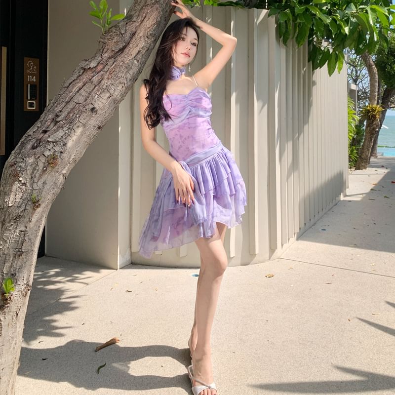 Mini Dress V-Neck Spaghetti Strap Tie-Dye A-Line