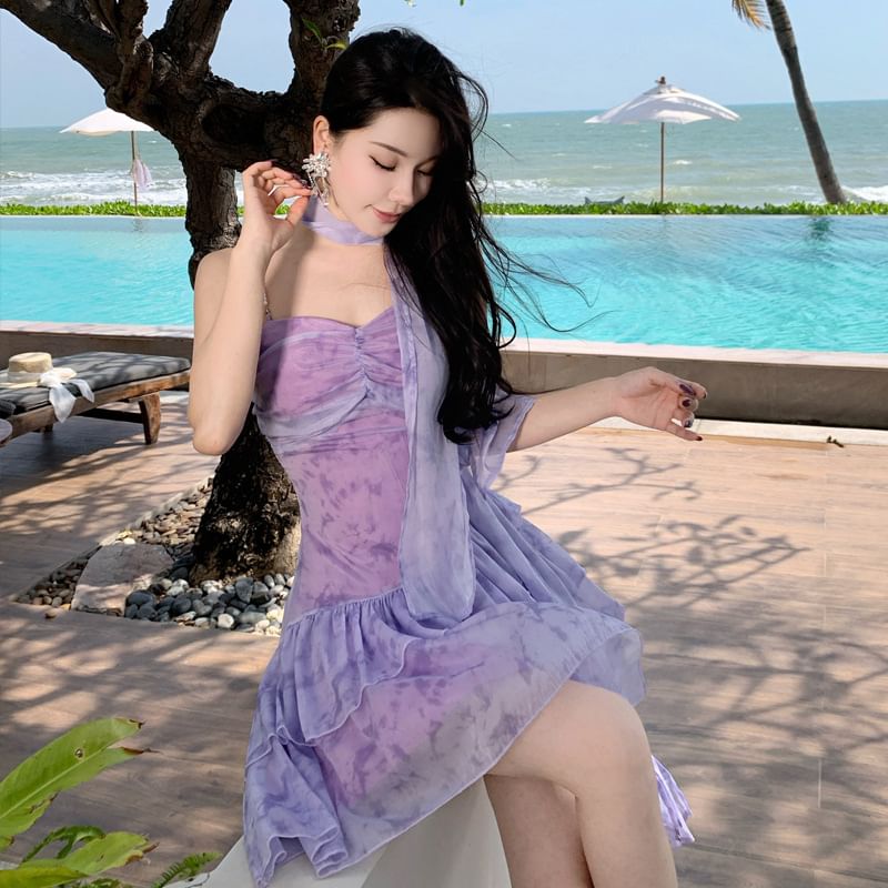 Mini Dress V-Neck Spaghetti Strap Tie-Dye A-Line