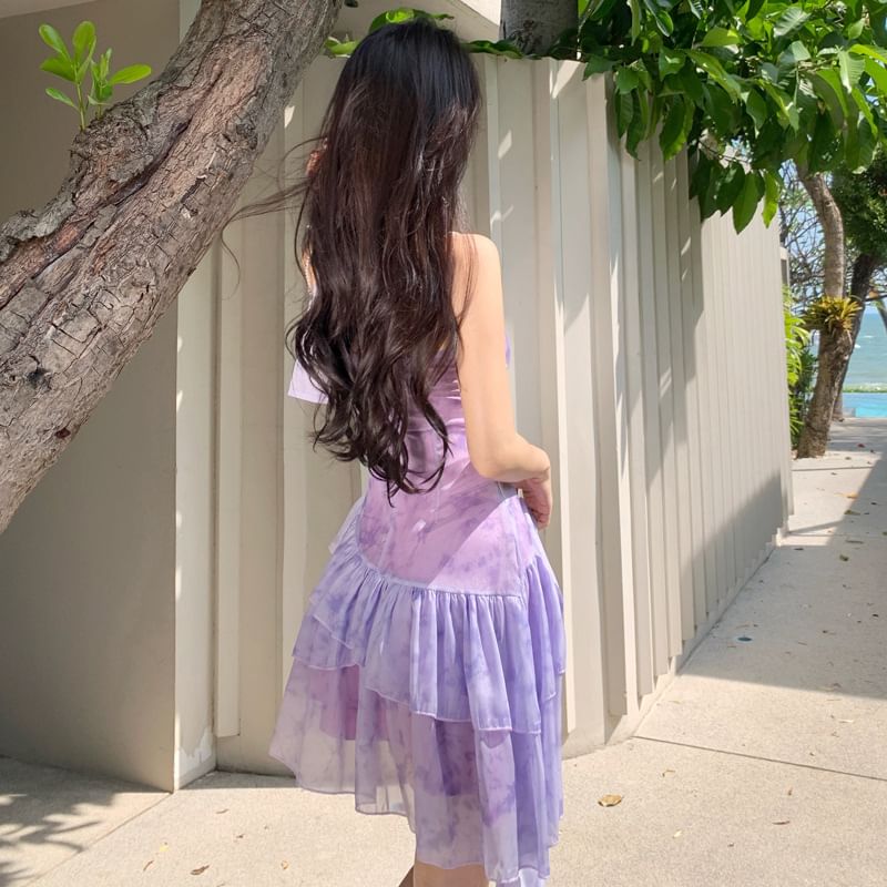 Mini Dress V-Neck Spaghetti Strap Tie-Dye A-Line