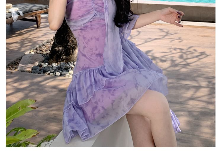 Mini Dress V-Neck Spaghetti Strap Tie-Dye A-Line