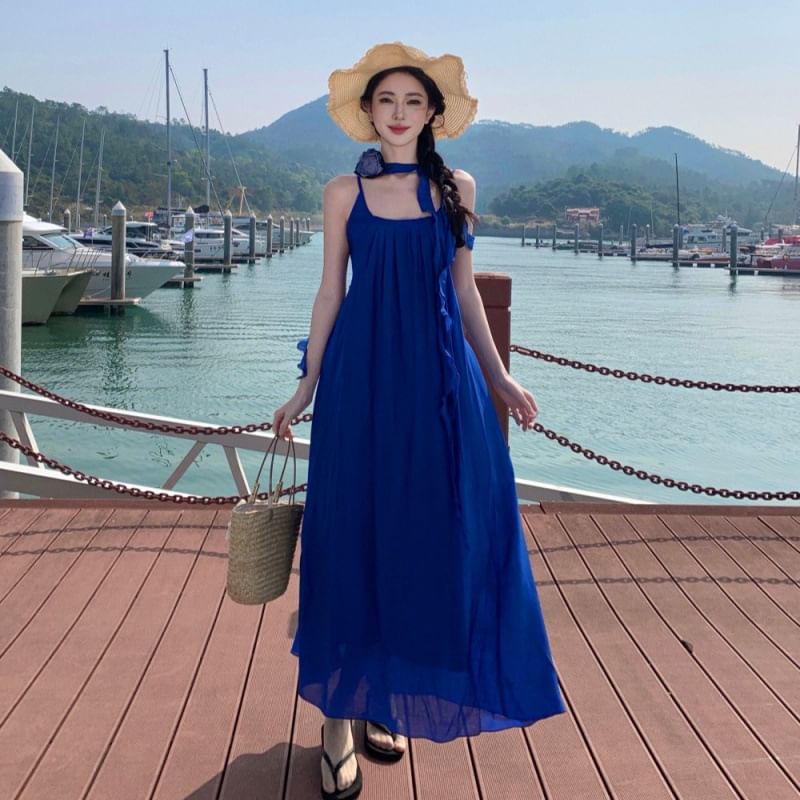 Scoop Neck Maxi Strap Trim Plain A-Line Spaghetti Ruffle Dress