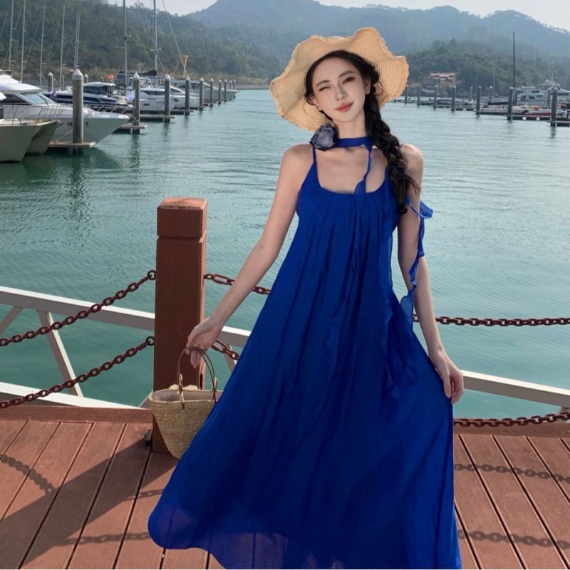 Scoop Neck Maxi Strap Trim Plain A-Line Spaghetti Ruffle Dress