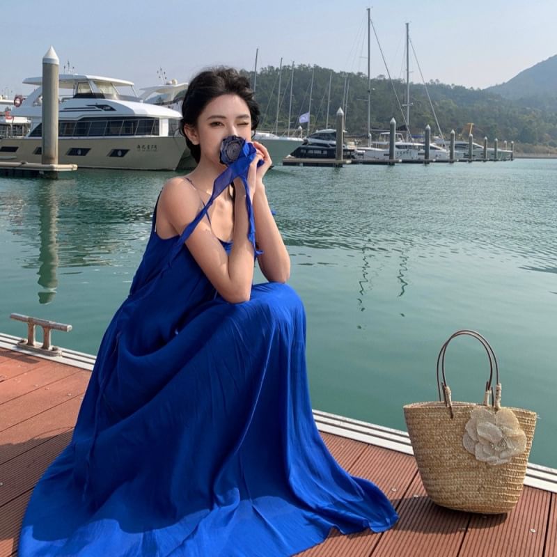 Plain Neck Dress Spaghetti Scoop Strap Ruffle A-Line Maxi Trim